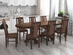 Set masa extensibila jork 160-200 cm, lemn masiv nuc, cu 8 scaune tapitate stofa maro, s-37 O15