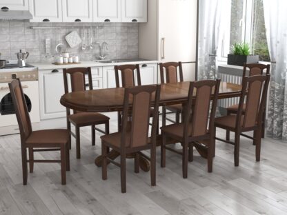 Set masa extensibila jork 160-200 cm, lemn masiv nuc, cu 8 scaune tapitate stofa maro, s-37 O15