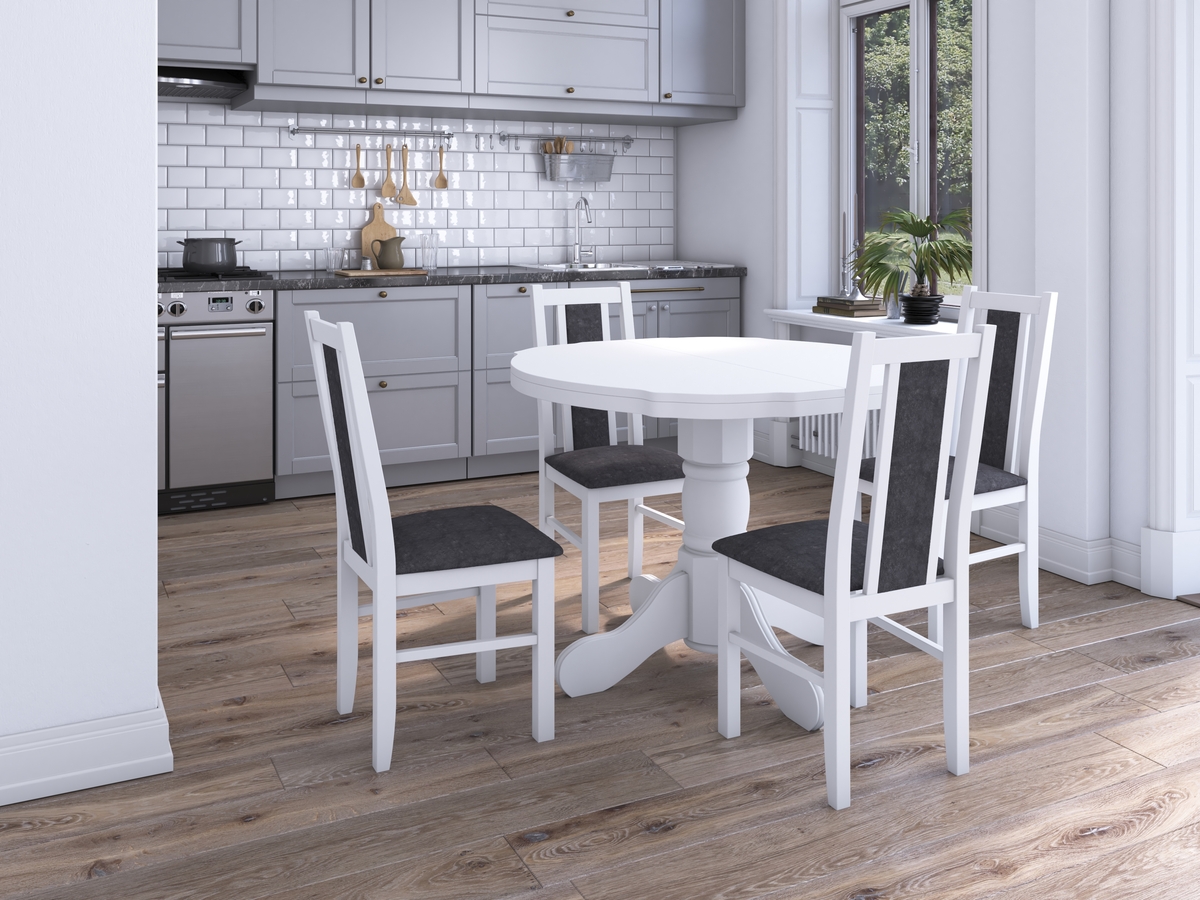Set masa extensibila Kan 100x135 cm, lemn masiv, culoare alb, blat din mdf cu 4 scaune tapitate S-38 Boss14 b24z, stofa