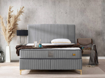 Pat Melia cu saltea 160 x 200 , tapitat, culoare gri deschis