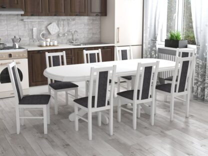 Set masa extensibila jork 160-200 cm, lemn masiv alb, cu 8 scaune tapitate stofa maro, s-38 24Z