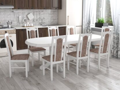 Set masa extensibila jork 160-200 cm, lemn masiv alb, cu 8 scaune tapitate stofa maro, s-37 18A