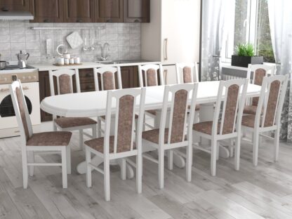 Set masa extensibila jork 200x250 cm, lemn masiv alb, cu 10 scaune tapitate stofa maro, s-37 B18A