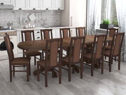 Set masa extensibila jork 200x250 cm, lemn masiv nuc, cu 10 scaune tapitate stofa maro, s-37 O15