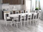 Set masa extensibila jork 200x250 cm, lemn masiv alb, cu 10 scaune tapitate stofa gri, s-38 B24Z