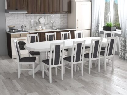 Set masa extensibila jork 200x250 cm, lemn masiv alb, cu 10 scaune tapitate stofa gri, s-38 B24Z
