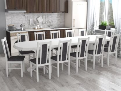 Set masa extensibila jork 250x300 cm, lemn masiv alb, cu 12 scaune tapitate stofa gri, s-38 B24Z