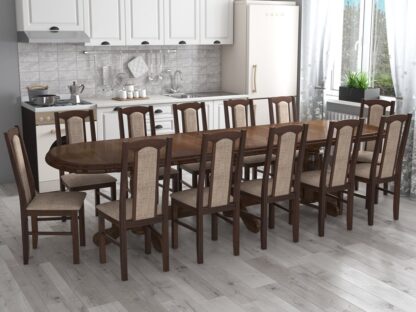 Set masa extensibila jork 250x300 cm, lemn masiv nuc, cu 12 scaune tapitate stofa maro, s-37 O2