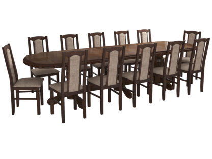 Set masa extensibila jork 250x300 cm, lemn masiv nuc, cu 12 scaune tapitate stofa maro, s-37 O2 - imagine 2