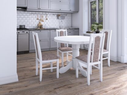 Set masa extensibila Kan 100x135 cm, lemn masiv, culoare alb, blat din mdf cu 4 scaune tapitate S-37 Boss7 18a, stofa