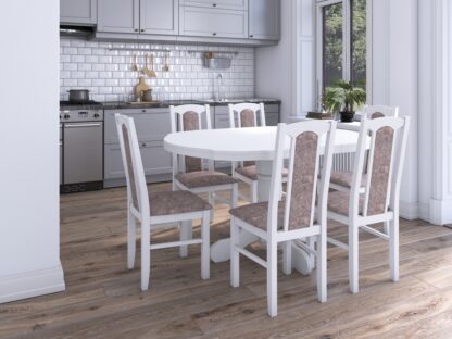 Set masa extensibila Kan 100x135 cm, lemn masiv, culoare alb, blat din mdf cu 6 scaune tapitate S-37 Boss7 18a, stofa