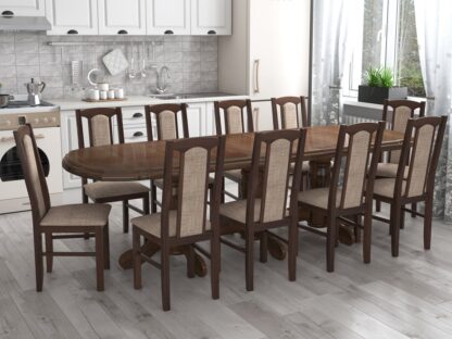Set masa extensibila jork 200x250 cm, lemn masiv nuc, cu 10 scaune tapitate stofa maro, s-37 O2