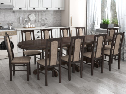 Set masa extensibila jork 200x250 cm, lemn masiv wenge, cu 10 scaune tapitate stofa gri, s-37 W2