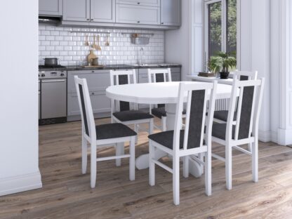 Set masa extensibila Kan 100x135 cm, lemn masiv, culoare alb, blat din mdf cu 6 scaune tapitate S-38 Boss14 b24z, stofa