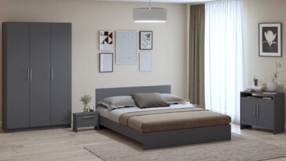 Dormitor Eco antracit, dulap 3 usi, pat 160x200 cm, 2 noptiere, comoda