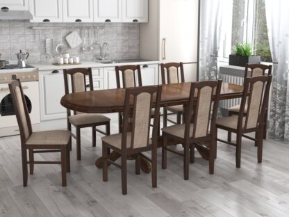 Set masa extensibila jork 160-200 cm, lemn masiv nuc, cu 8 scaune tapitate stofa maro, s-37 O2