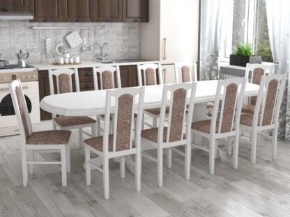 Set masa extensibila jork 200x250 cm, lemn masiv alb, cu 10 scaune tapitate stofa maro, s-37 B25B