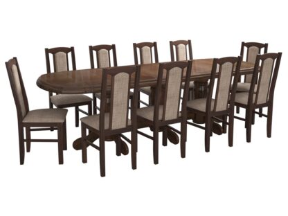 Set masa extensibila jork 200x250 cm, lemn masiv nuc, cu 10 scaune tapitate stofa maro, s-37 O2