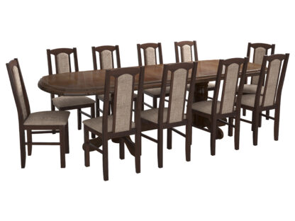 Set masa extensibila jork 200x250 cm, lemn masiv nuc, cu 10 scaune tapitate stofa maro, s-37 O2 - imagine 4