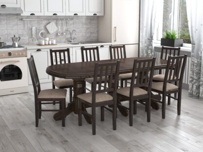 Set masa extensibila jork 200x250 cm, lemn masiv wenge, cu 10 scaune tapitate stofa maro, s-38 W2