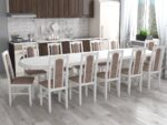Set masa extensibila jork 250x300 cm, lemn masiv alb, cu 12 scaune tapitate stofa maro, s-37 B25B