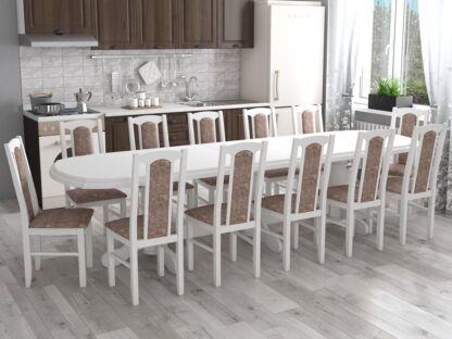 Set masa extensibila jork 250x300 cm, lemn masiv alb, cu 12 scaune tapitate stofa maro, s-37 B25B