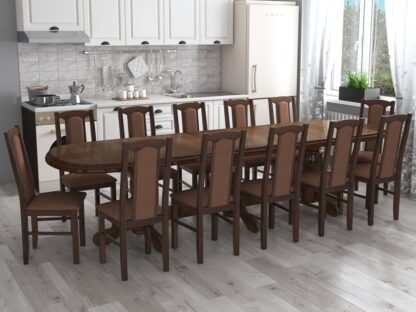 Set masa extensibila jork 250x300 cm, lemn masiv nuc, cu 12 scaune tapitate stofa maro, s-37 O15
