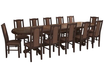 Set masa extensibila jork 250x300 cm, lemn masiv nuc, cu 12 scaune tapitate stofa maro, s-37 O15 - imagine 3
