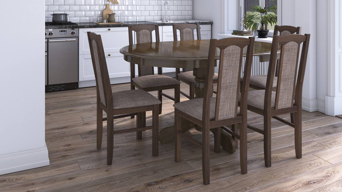 Set masa extensibila Ama 100x130 cm, lemn masiv, culoare nuc, blat din mdf cu 6 scaune tapitate S-37 Boss7 O2, stofa