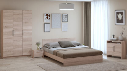 Dormitor Eco sonoma, dulap 3 usi, pat 160x200 cm, 2 noptiere, comoda