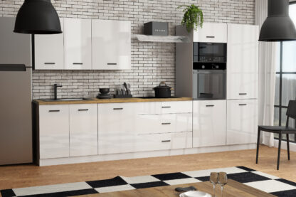 Bucatarie Montis 350 cm, MDF, corp cuptor inalt, culoare alb, blat sonoma