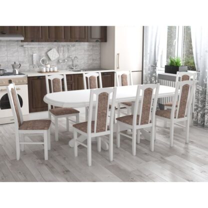 Set masa extensibila jork 160-200 cm, lemn masiv alb, cu 8 scaune tapitate stofa maro, s-37 25b