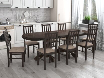 Set masa extensibila jork 160-200 cm, lemn masiv wenge, cu 8 scaune tapitate stofa maro, s-38 b4 W2