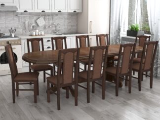 Set masa extensibila jork 200x250 cm, lemn masiv nuc, cu 10 scaune tapitate stofa maro, s-37 O15