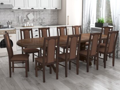 Set masa extensibila jork 200x250 cm, lemn masiv nuc, cu 10 scaune tapitate stofa maro, s-37 O15