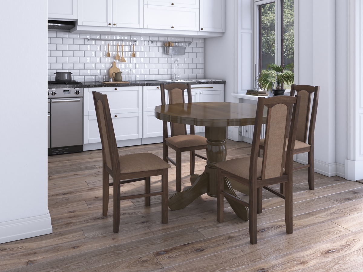 Set masa extensibila Kan 100x135 cm, lemn masiv, culoare nuc, blat din mdf cu 4 scaune tapitate S-37 Boss7 o15, stofa