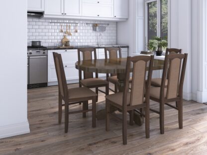 Set masa extensibila Kan 100x135 cm, lemn masiv, culoare nuc, blat din mdf cu 6 scaune tapitate S-37 Boss7 o15, stofa