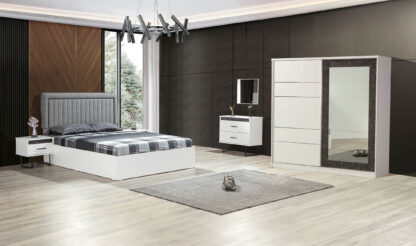 Dormitor Felix, alb, pat 160 x 200 cm, dulap cu 2 usi, 2 noptiere, comoda