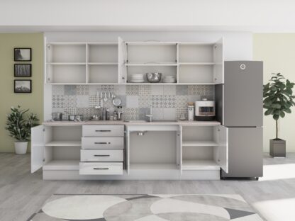 Bucatarie Alfa 260, Cu vitrina, Alb lucios, Blat termic travertin - imagine 4