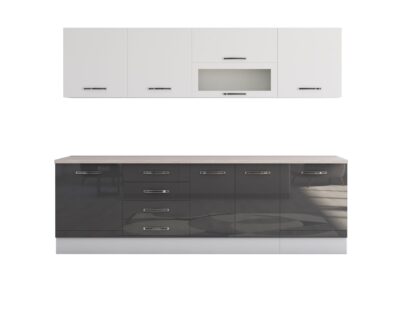 Bucatarie Alfa 260, Cu vitrina, Gri/Alb lucios, Blat termic travertin - imagine 6