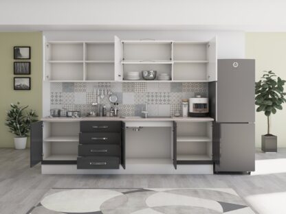 Bucatarie Alfa 260, Cu vitrina, Gri/Alb lucios, Blat termic travertin - imagine 4