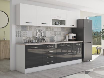 Bucatarie Alfa 260, Cu vitrina, Gri/Alb lucios, Blat termic travertin - imagine 3