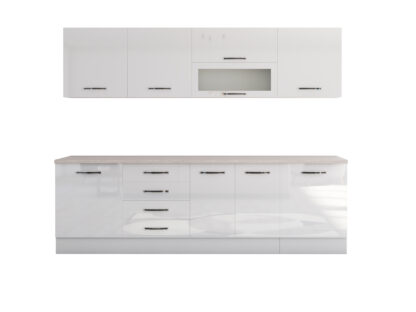 Bucatarie Alfa 260, Cu vitrina, Alb lucios, Blat termic travertin - imagine 2