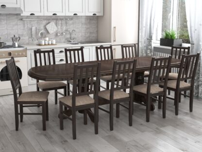 Set masa extensibila jork 200x250 cm, lemn masiv wenge, cu 10 scaune tapitate stofa maro, s-38 W2