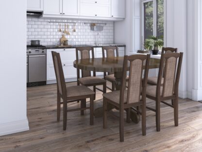 Set masa extensibila Kan 100x135 cm, lemn masiv, culoare nuc, blat din mdf cu 6 scaune tapitate S-37 Boss7 o2, stofa