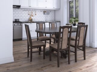 Set masa extensibila Kan 100x135 cm, lemn masiv, culoare wenge, blat din mdf cu 6 scaune tapitate S-37 Boss7 w2, stofa