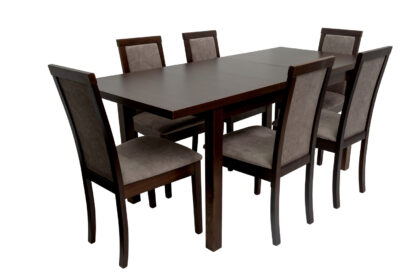 Set masa extensibila Mb-21 modena1, 140-180x80 cm cu 6 scaune tapitate Roma 4 o 25b, nuc, lemn masiv de fag, stofa