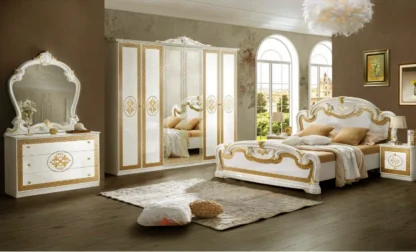 Dormitor Paloma, bej, pat 160x200 cm, dulap cu 6 usi, comoda, 2 noptiere