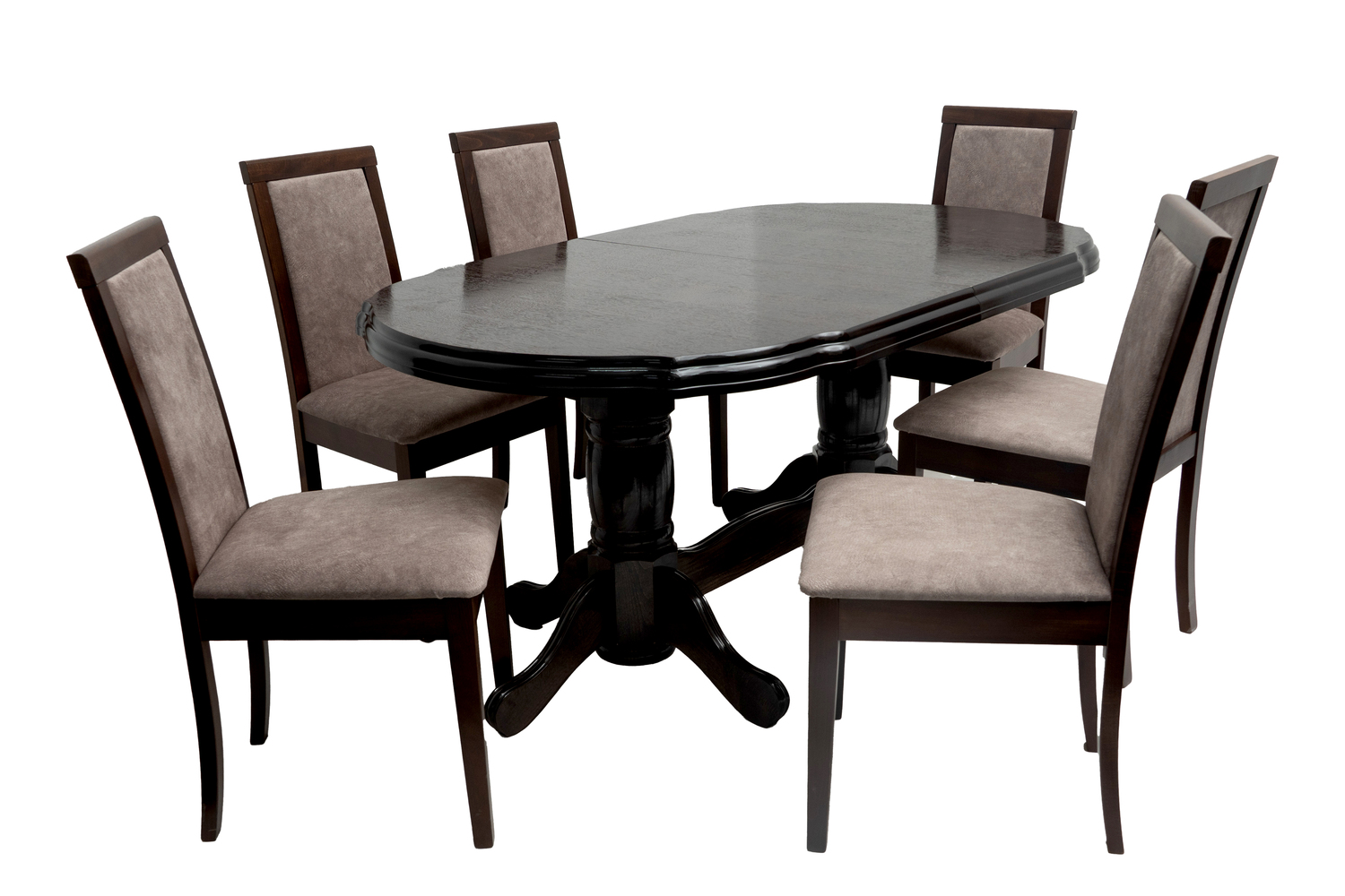 Set masa extensibila Jork 160-200 cm, lemn masiv wenge, cu 8 scaune tapitate nuc, Roma 4 O 25b