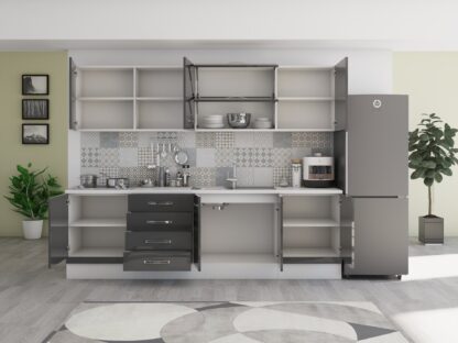 Bucatarie Alfa 260, Cu vitrina, Gri lucios, Blat termic alb - imagine 3